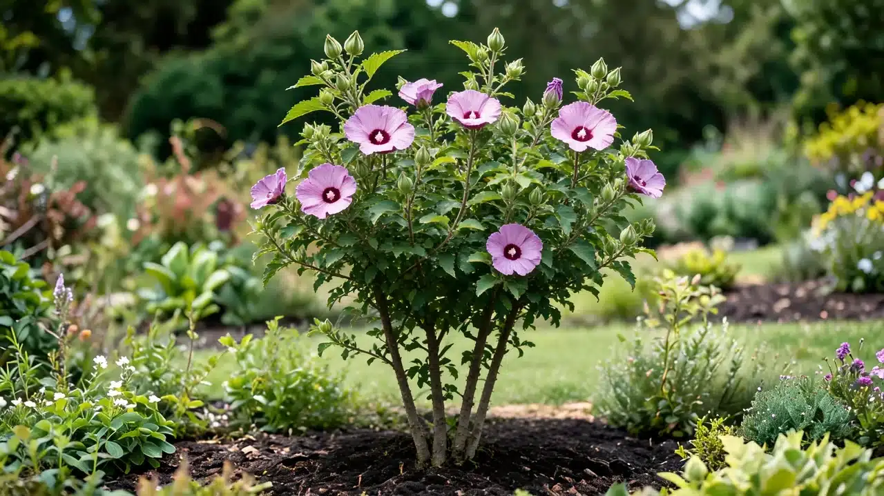 pink rose of sharon blooming in garden landscape