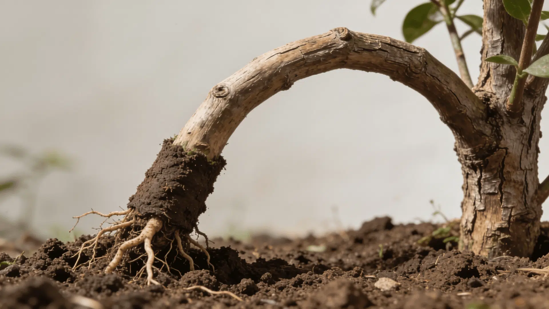 Plant layering propagation technique showing a bent stem covered with soil to grow roots.