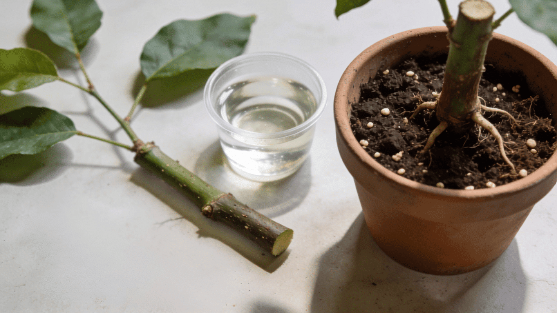 Plant stem cutting placed beside a parent plant pot for propagation.