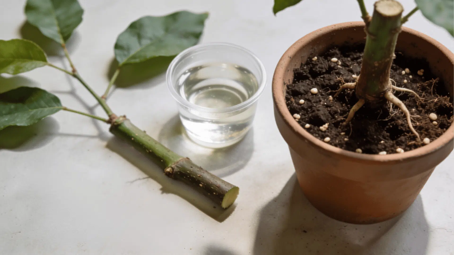 Plant stem cutting placed beside a parent plant pot for propagation.