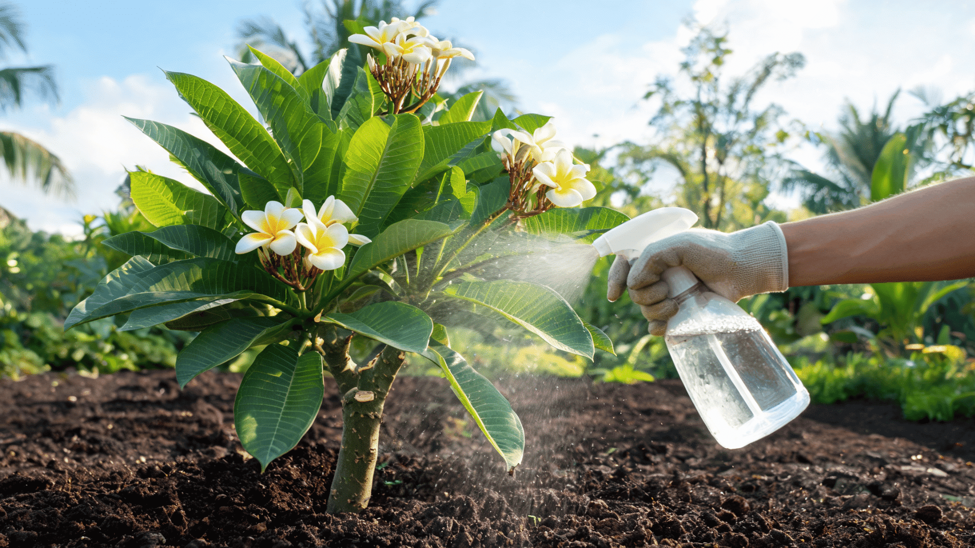 A realistic 16:9 garden-photography scene showing a healthy plumeria plant being fertilized for pests and diseases. Show a clean garden bed with fallen leaves removed, trimmed branches, well-drained soil, and good spacing around the plant to improve airflow. Natural daylight, tropical garden background, realistic leaf textures, detailed botanical-style photography. No text, labels, or artificial elements.