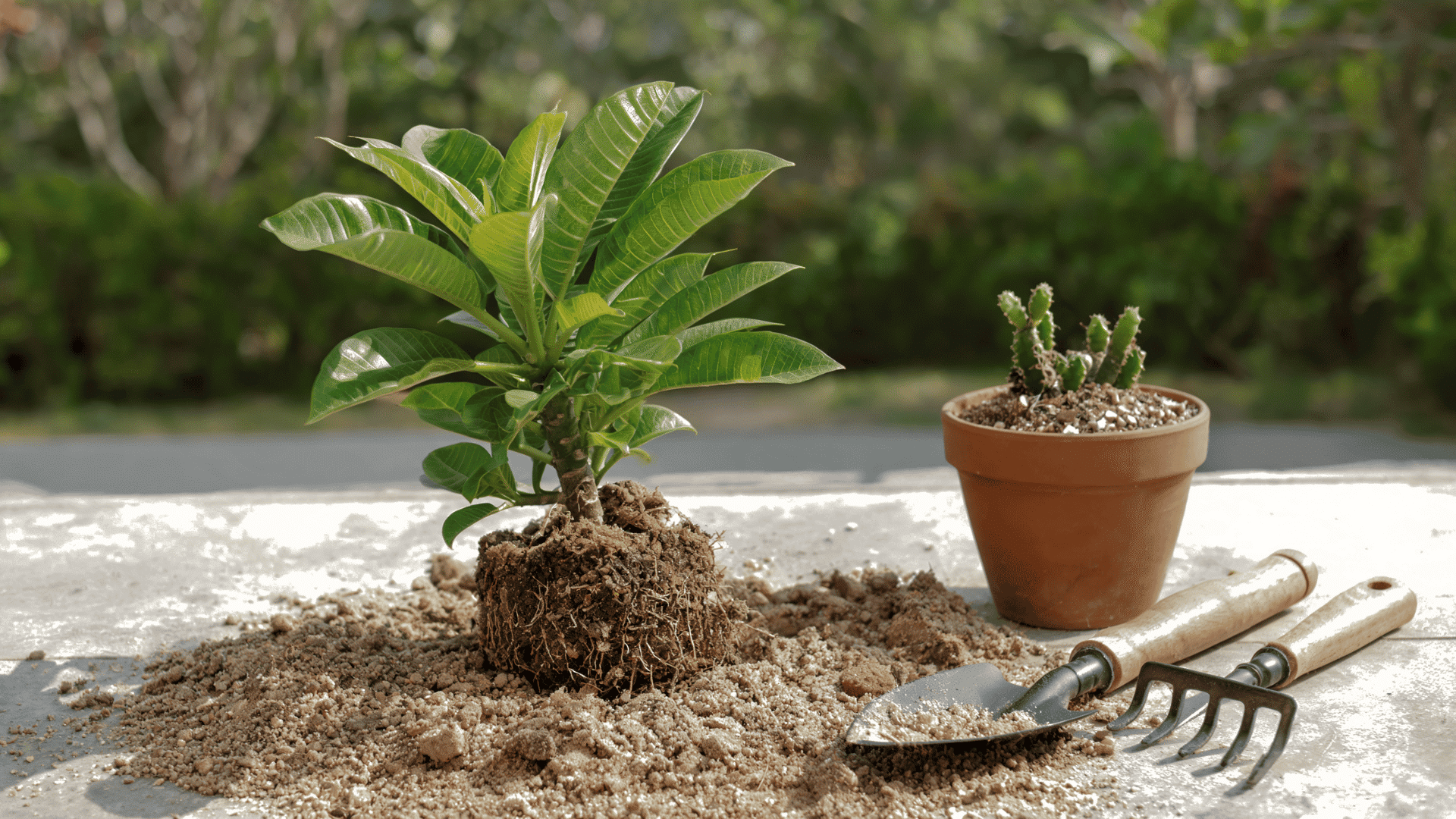 Small green plant with exposed roots beside a terracotta pot and gardening tools on soil.