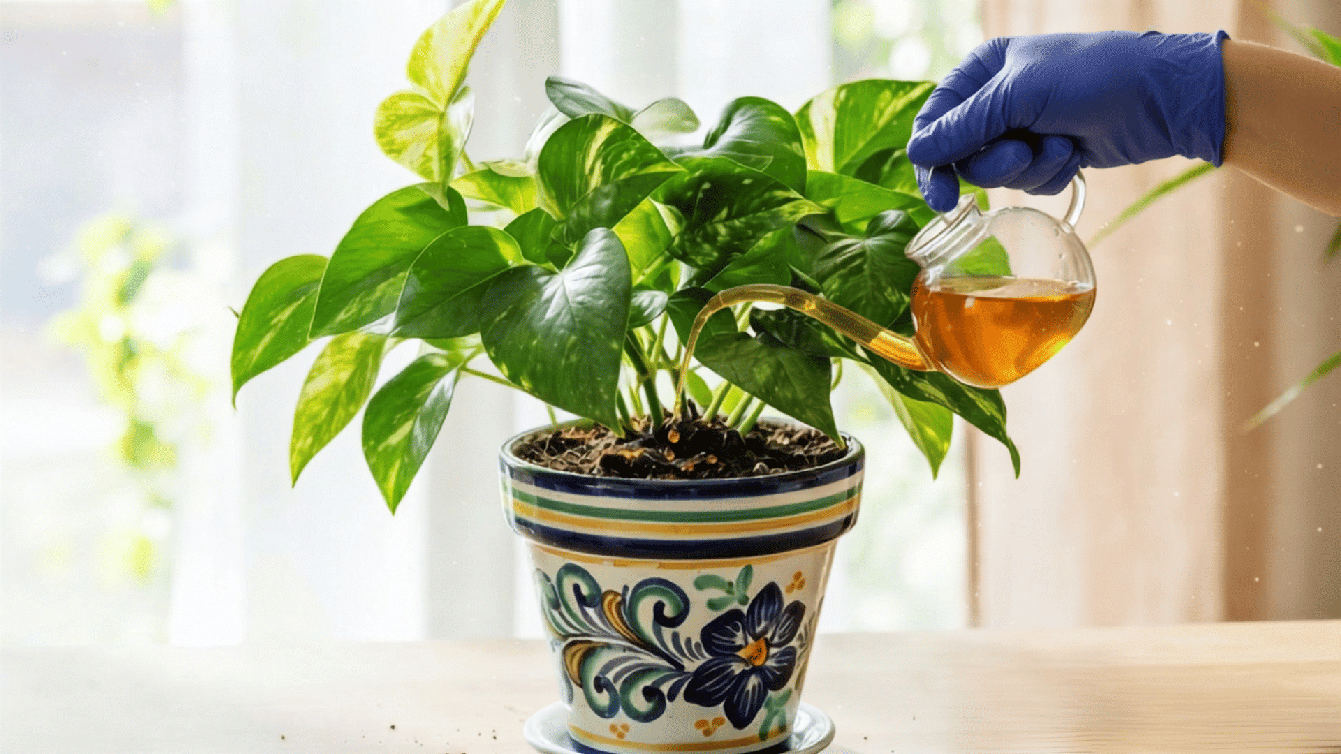 Pothos plant being watered with a small glass watering can indoors.