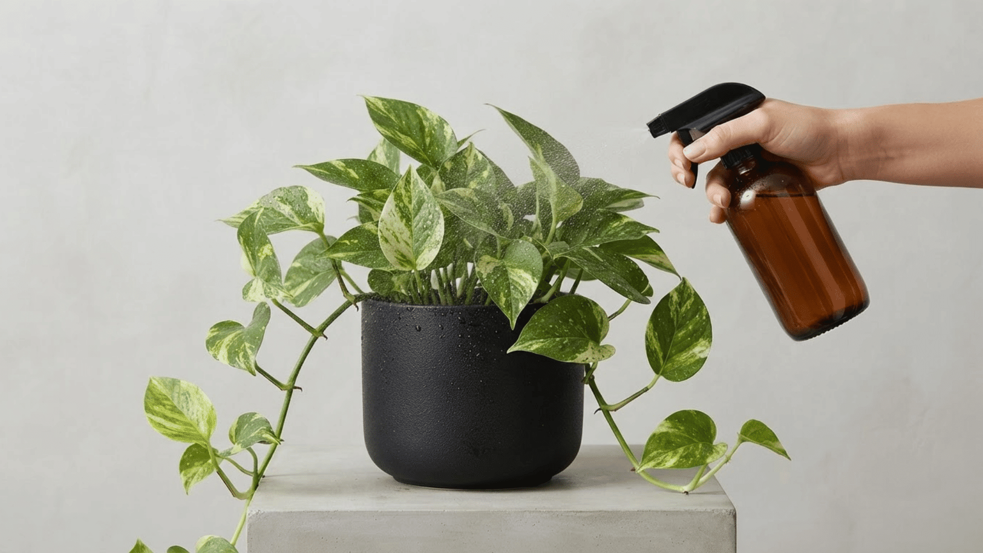 Pothos plant in a black pot being misted with a spray bottle for care.