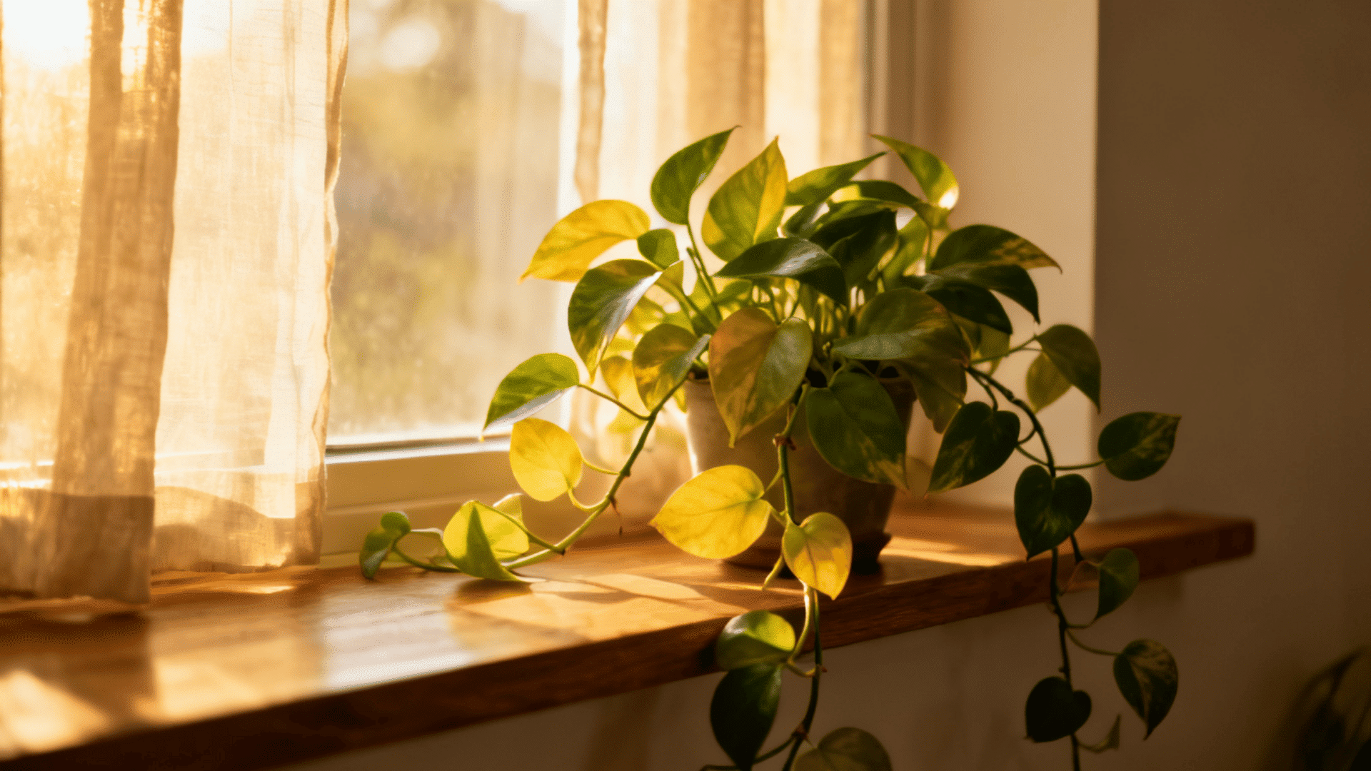 Pothos plant placed near a window receiving bright indirect light indoors
