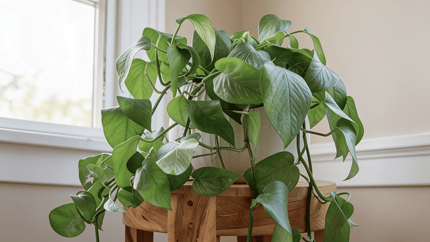 Pothos plant in pot with trailing green vines placed indoors in soft indirect light