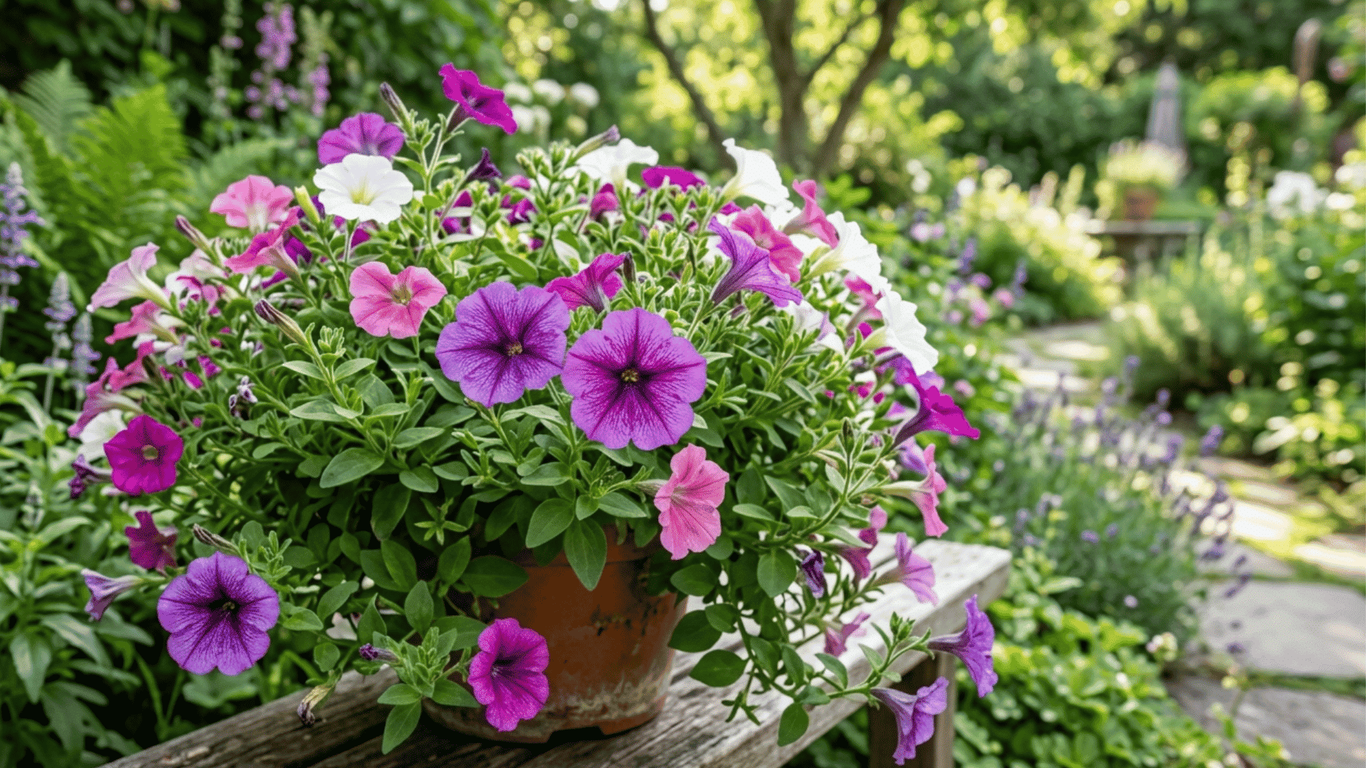 Purple pink and white petunia flowers growing in a terracotta pot with green leaves on a garden bench surrounded by lush foliage.