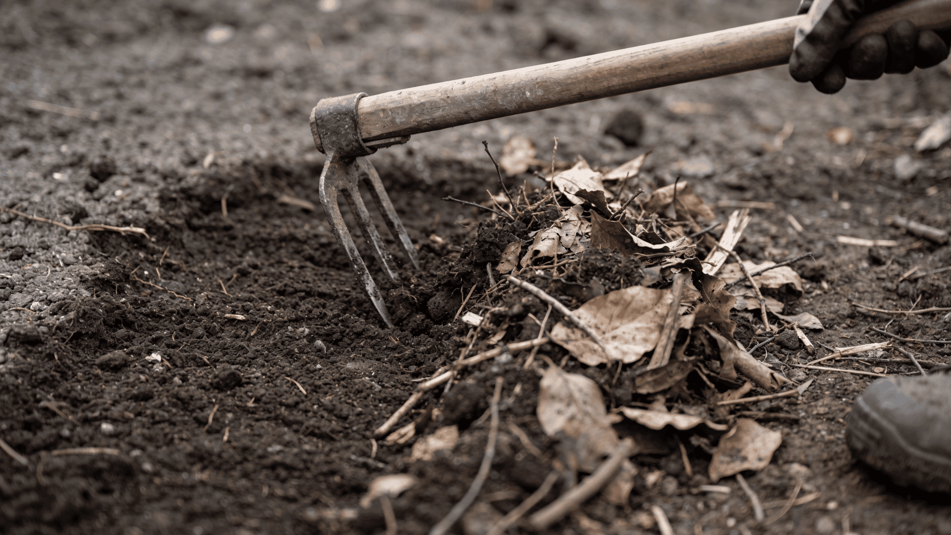 A hand cultivator fork raking through soil mixed with dry leaves and debris.