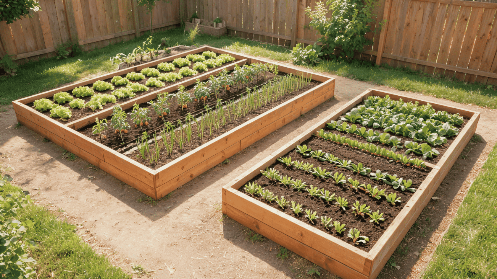 Wooden raised bed vegetable garden with neat rows of lettuce, leafy greens, and root vegetables in a backyard.
