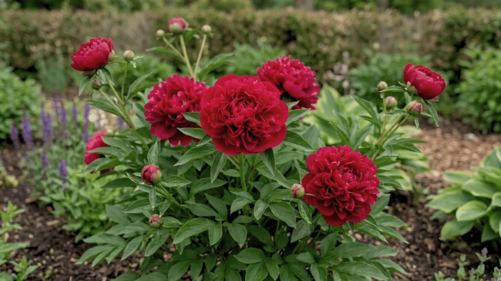 Realistic Red Charm peony blooms with large deep red petals, lush leaves, and natural outdoor lighting.