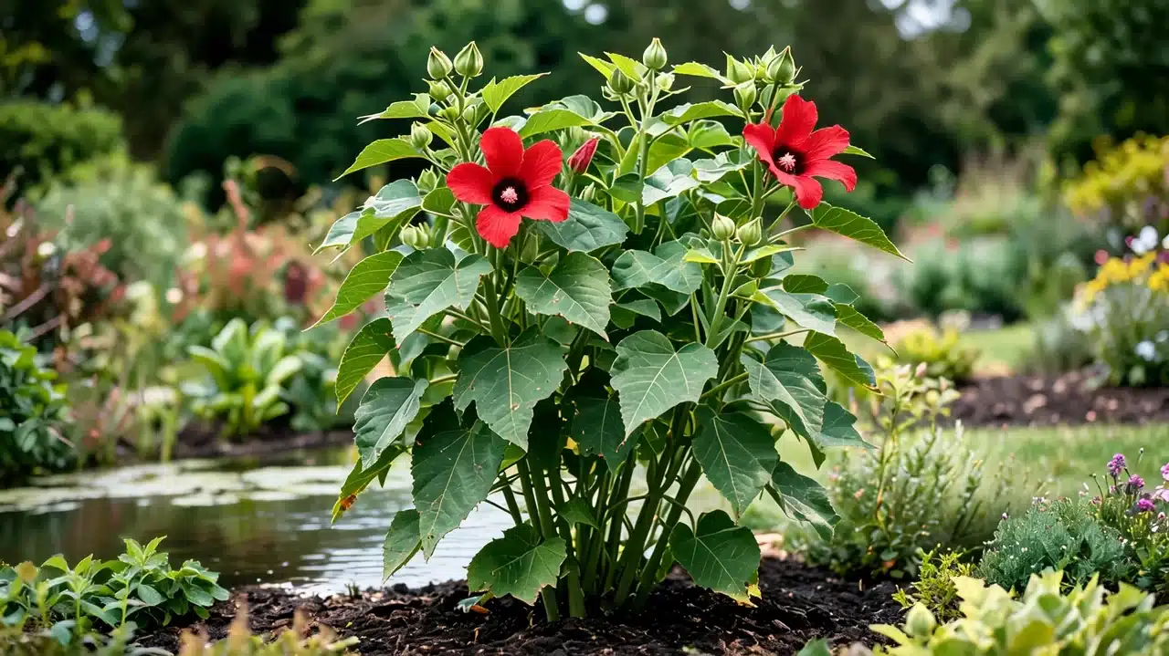 red hardy hibiscus blooming beside peaceful garden pond