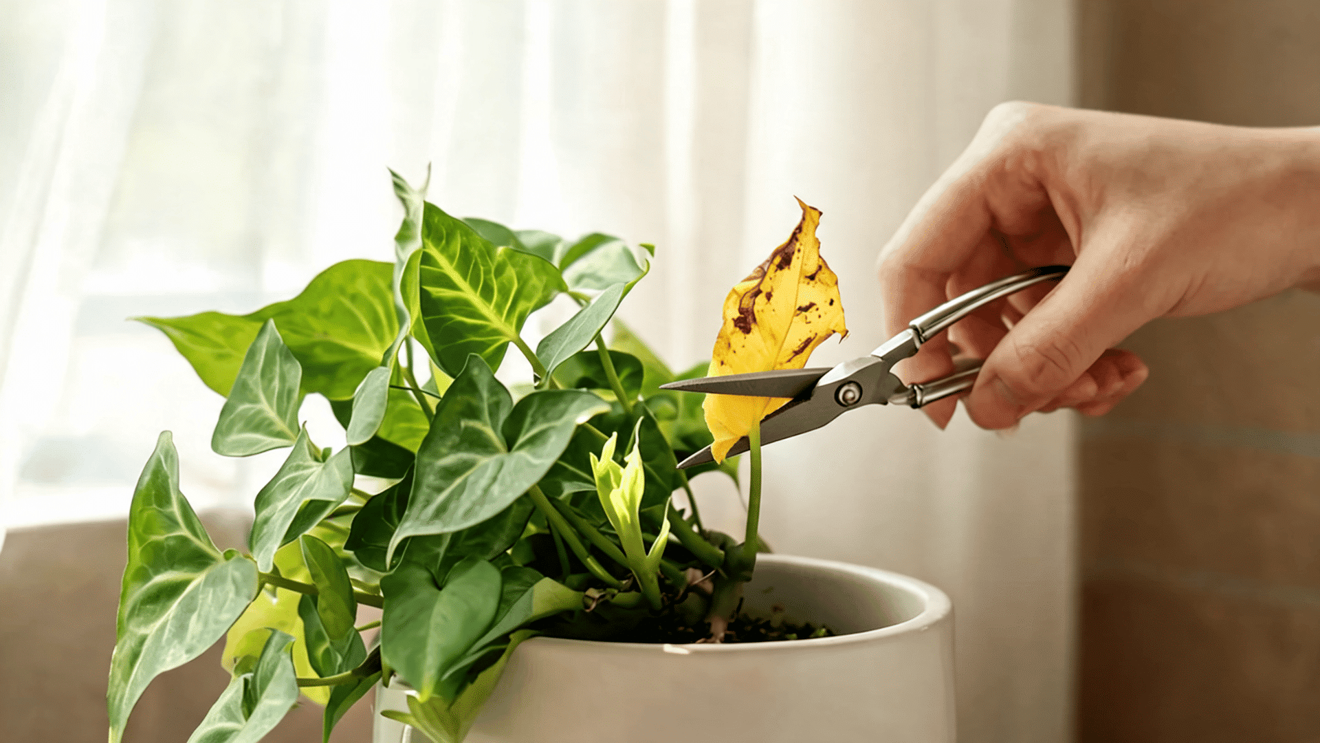 Person trimming a yellow leaf from a Syngonium plant with scissors to maintain healthy growth.
