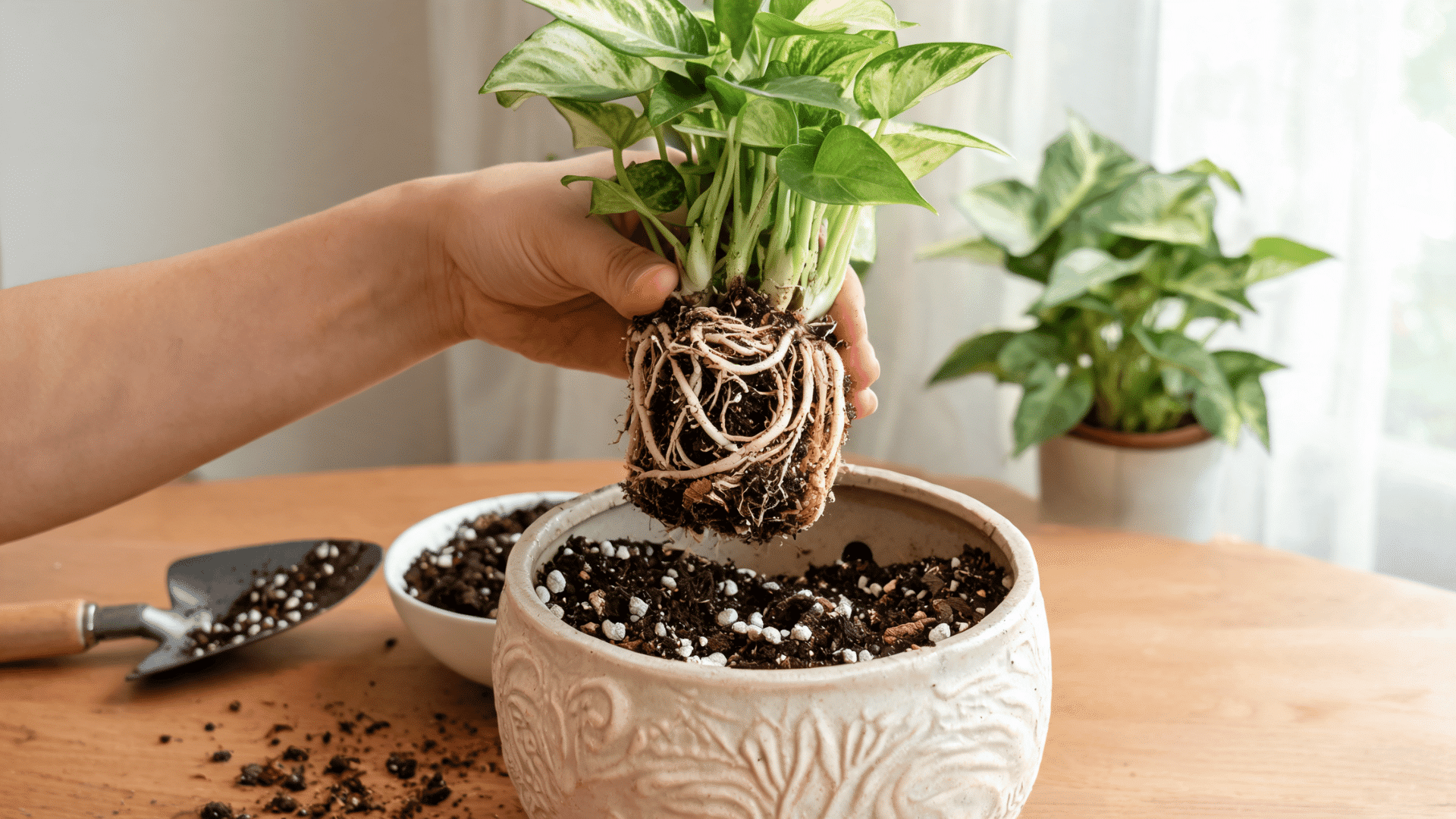 Person repotting a Syngonium plant by placing its roots into fresh potting soil in a container.