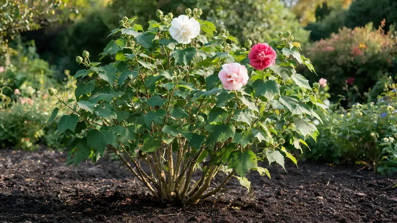 rose of sharon with colorful blooms in garden bed