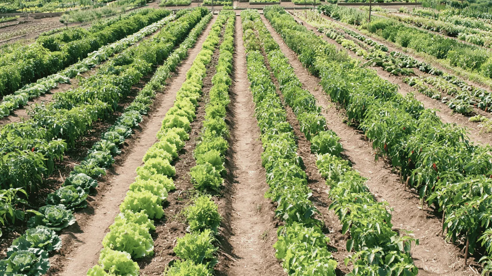 Large row vegetable garden with long, neat rows of crops growing in soil pathways under bright sunlight.