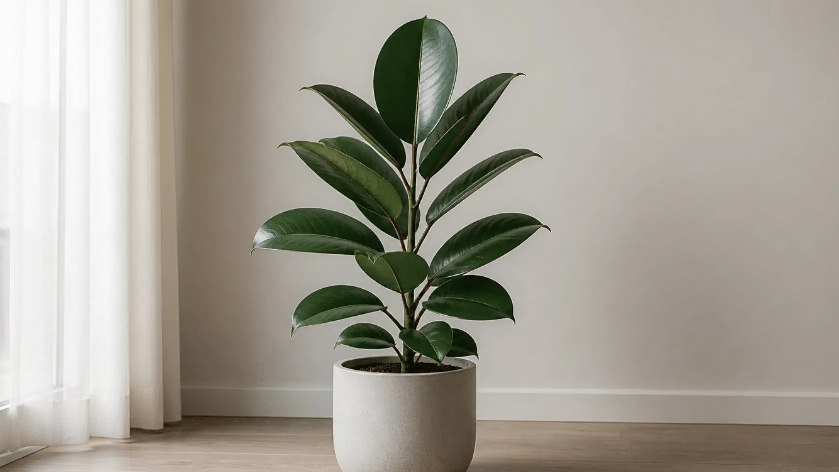 Rubber plant in pot with large glossy dark green leaves in soft indoor light