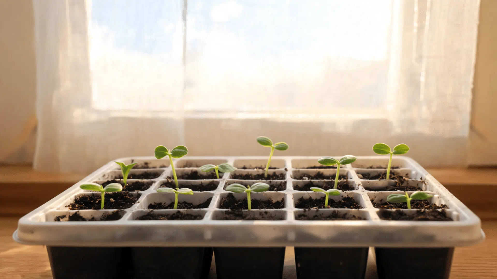 Seedling tray near window with indirect light