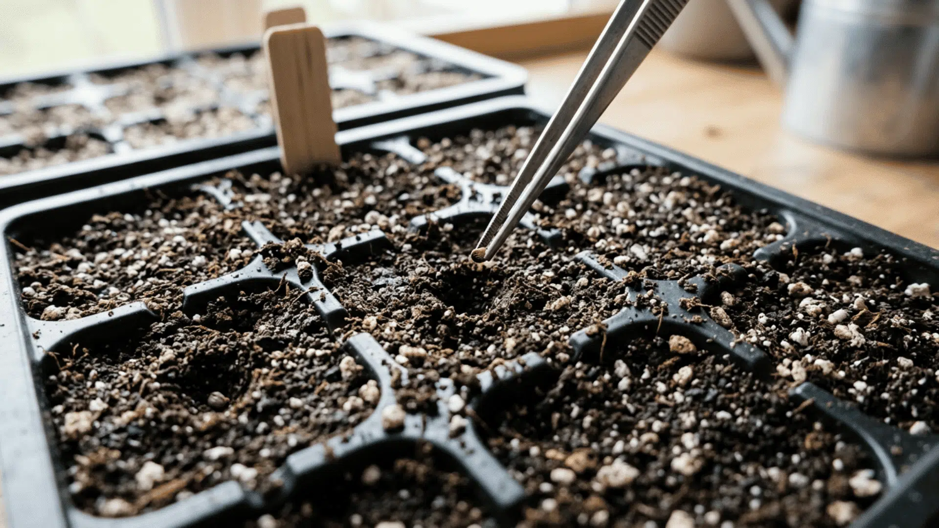 Seeds placed in light soil mix in a tray at different depths for planting