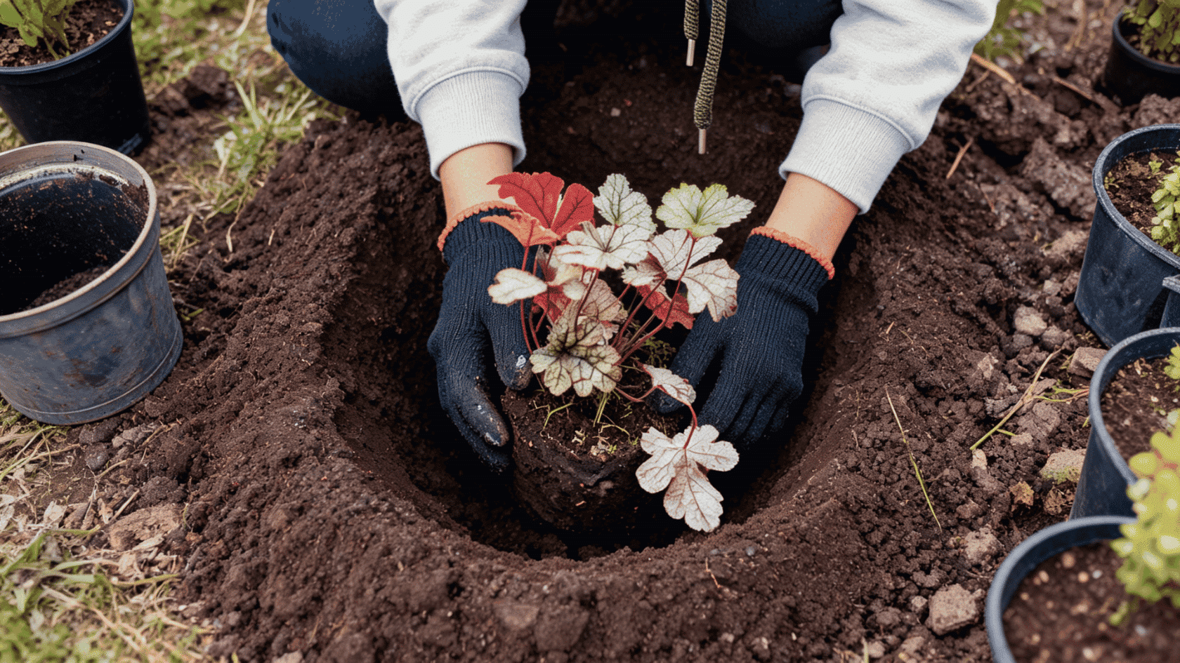 Hands in black gloves setting a colorful Heuchera plant into a dug hole to check its planting depth.