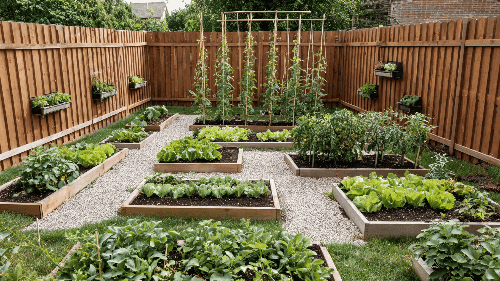 Small backyard vegetable garden featuring raised garden beds with vegetables, bamboo plant supports, and gravel pathways enclosed by a wooden fence.