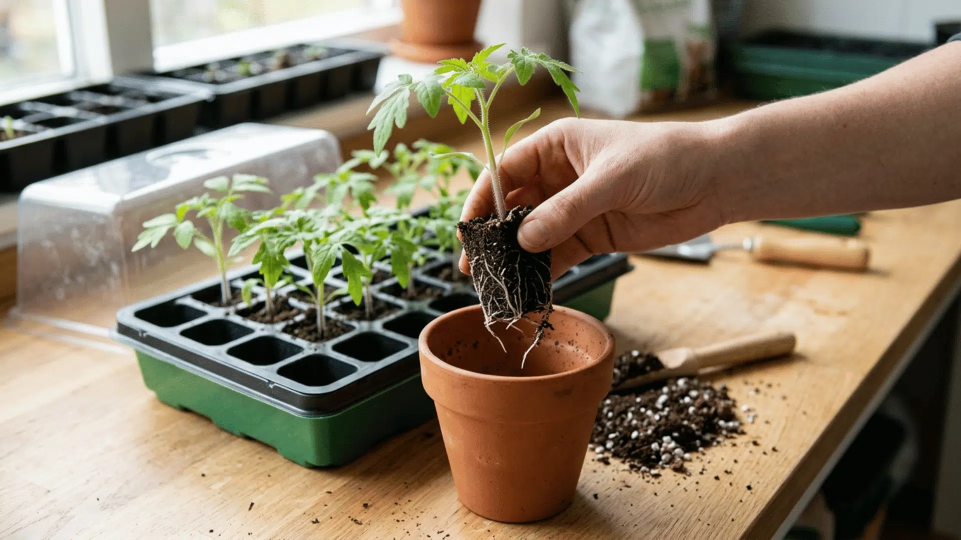 Small seedling being moved from tray into larger pot with exposed roots