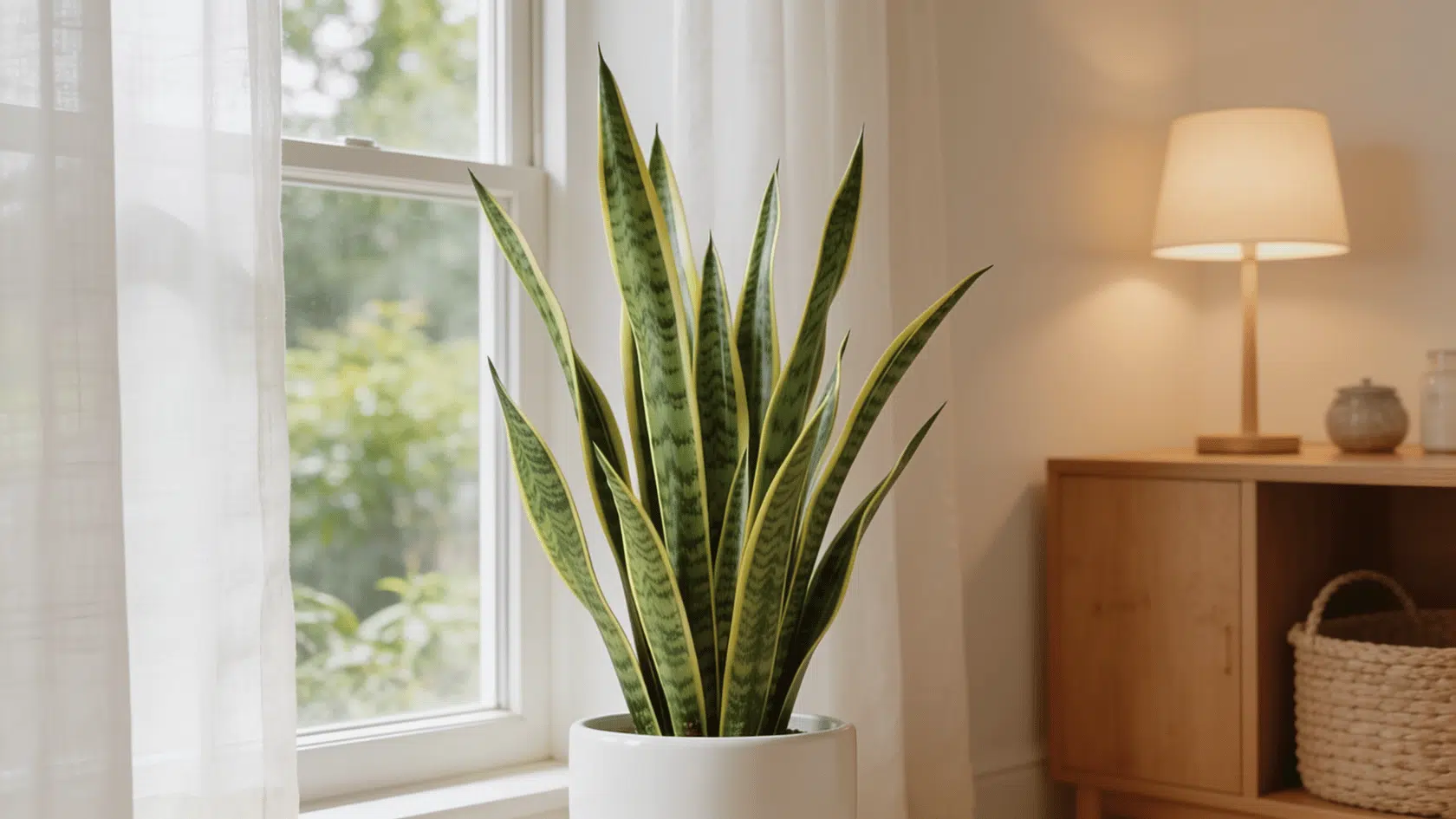Snake plant in pot with tall upright leaves placed indoors near a plain wall