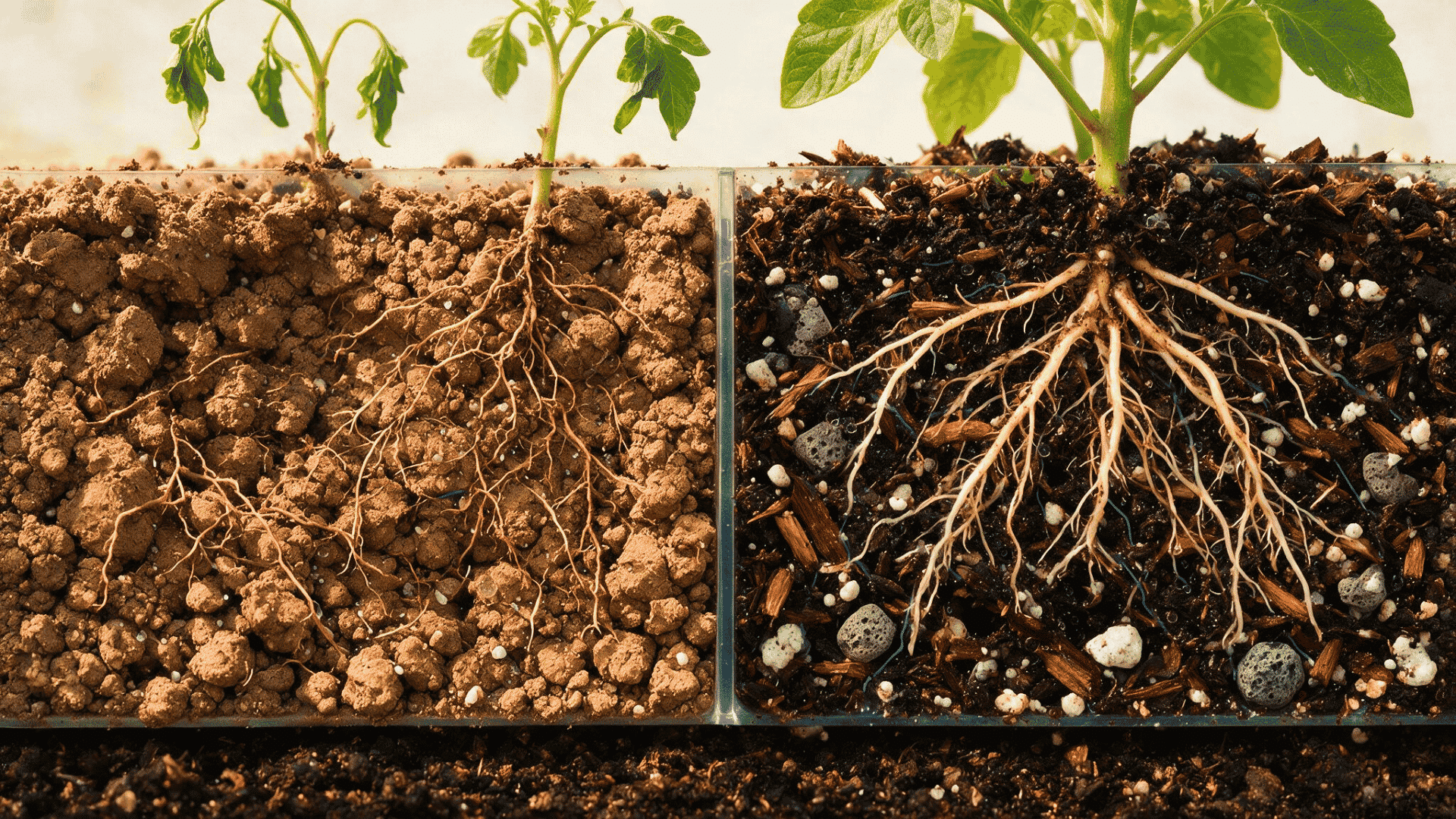 Garden soil and potting soil comparison showing differences in root aeration and soil compaction.