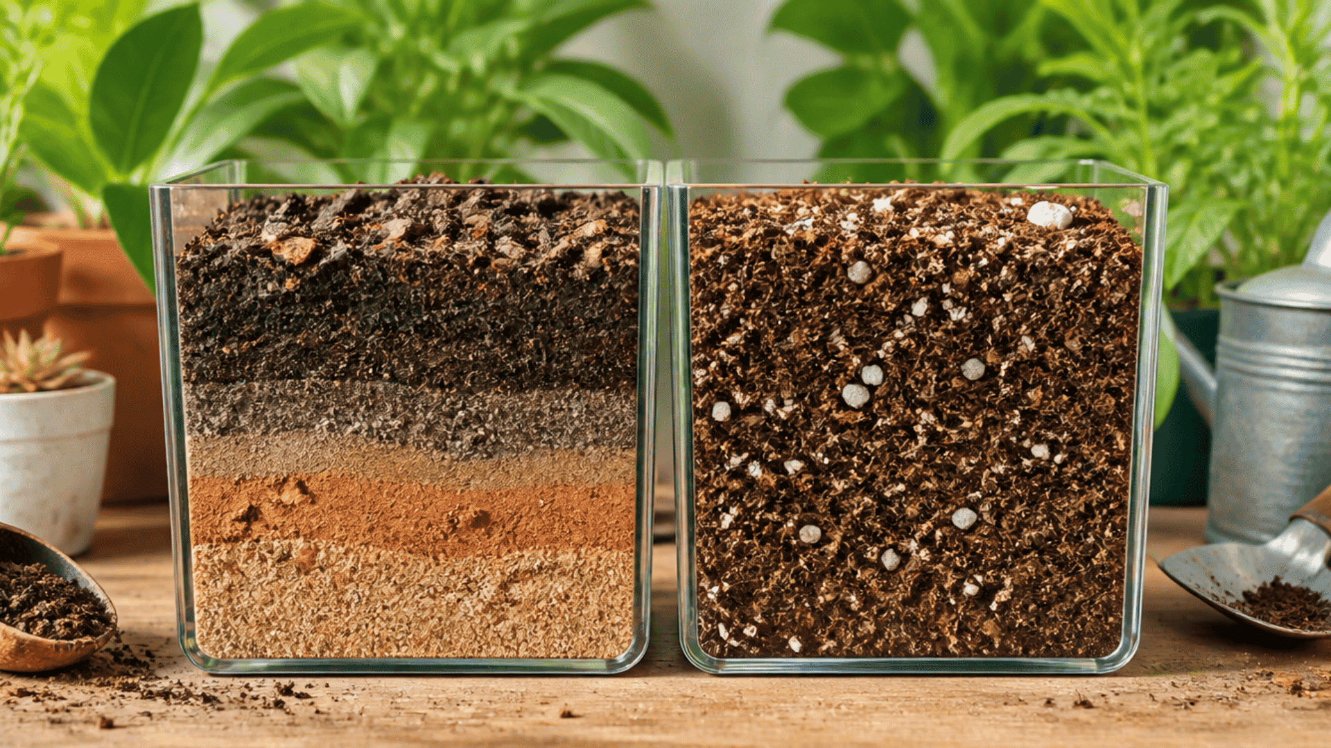 Garden soil and potting soil showing differences in ingredients and composition