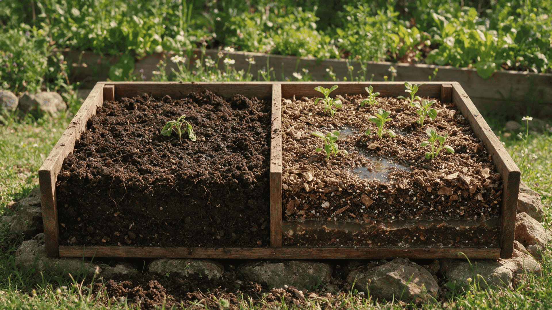 Garden soil and potting soil showing differences in water drainage