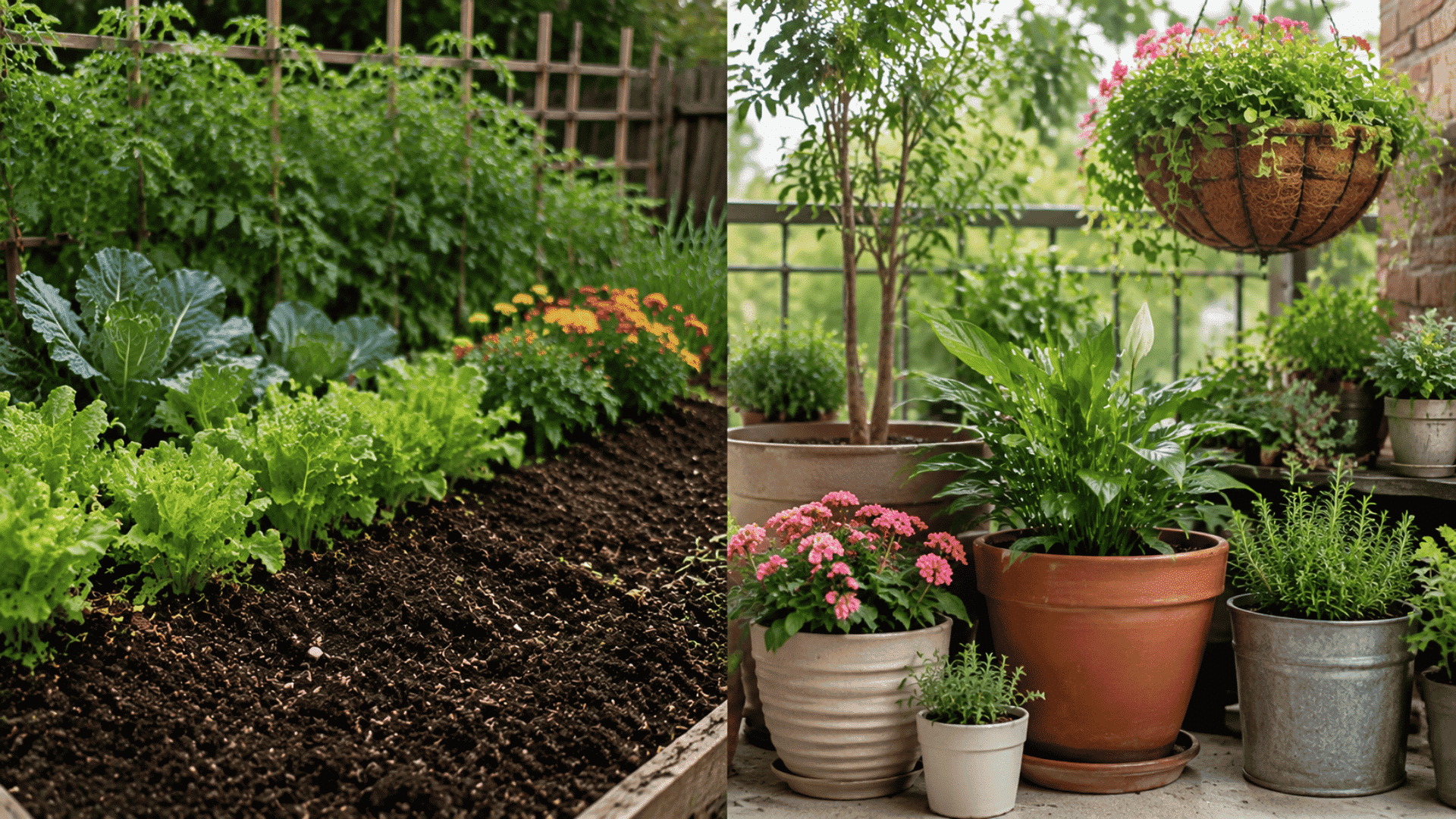 Side-by-side comparison of an in-ground vegetable garden and assorted potted patio plants.