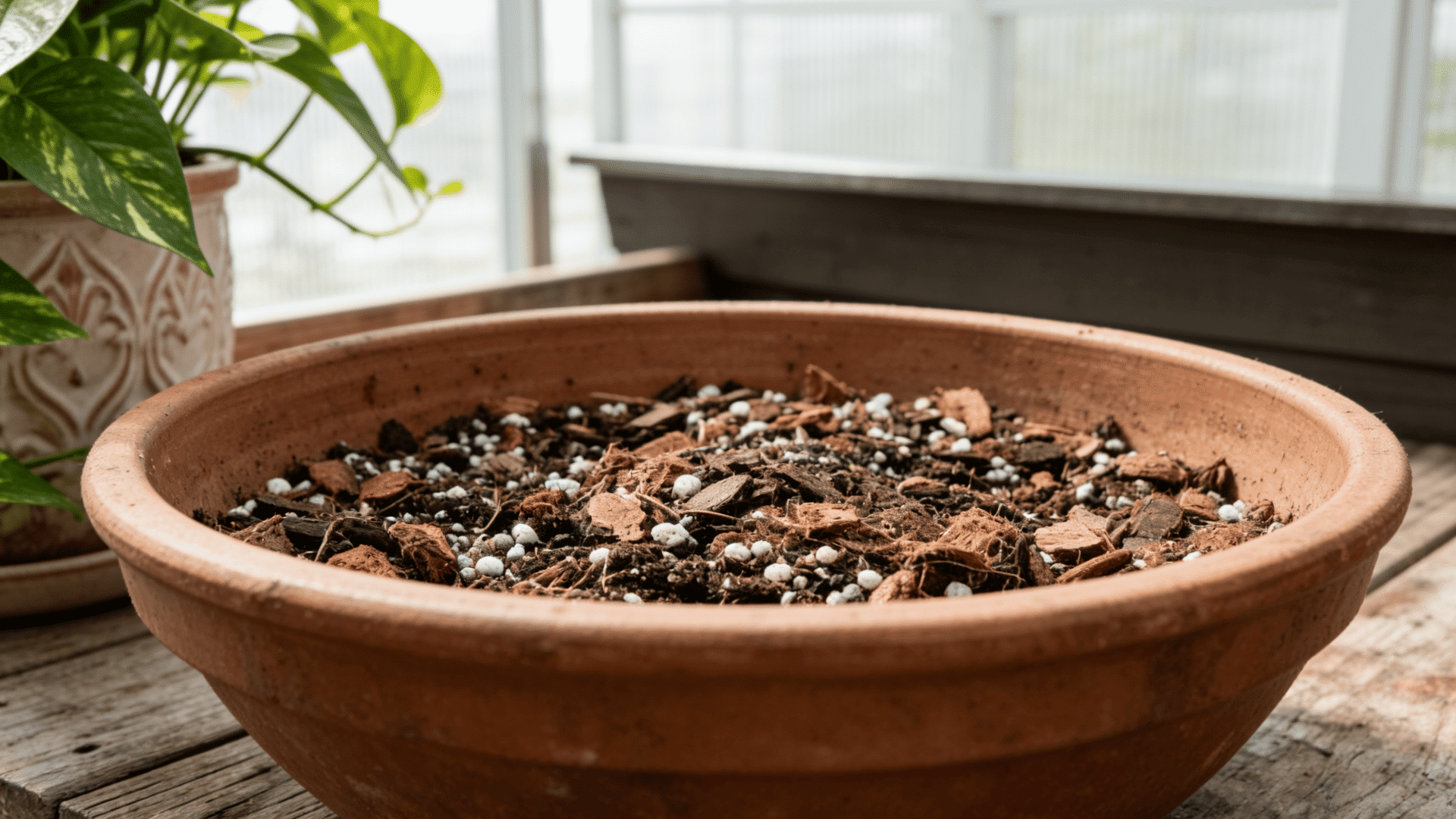 Pothos plant soil mix with perlite and bark in a terracotta pot.