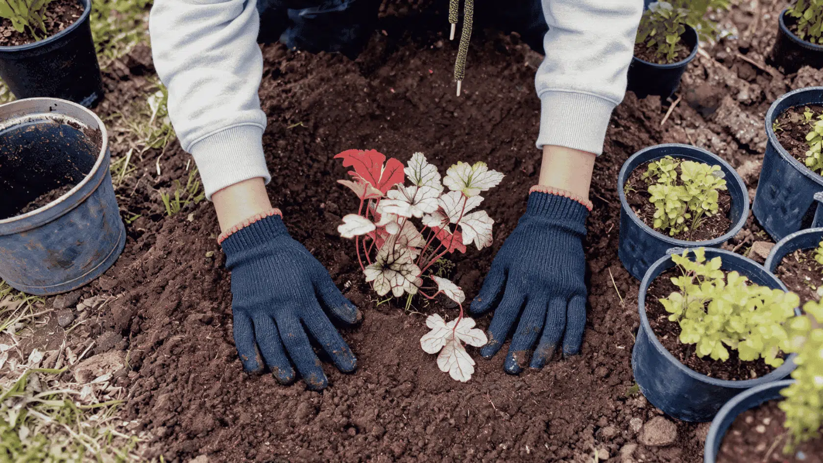 Hands in black gloves pressing dark soil around a newly planted Heuchera, with plastic garden pots nearby.