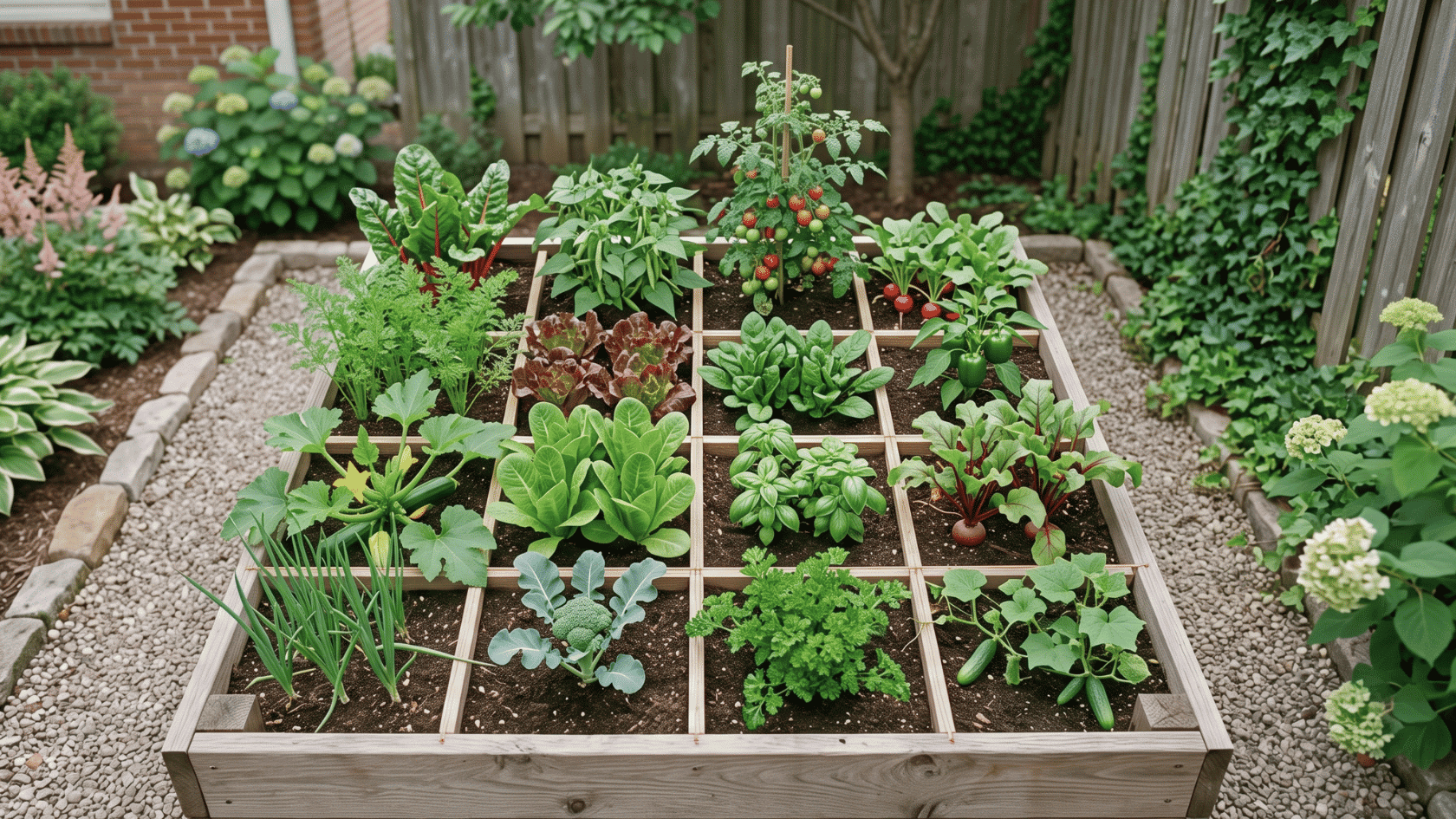 Square raised garden bed divided into a grid layout with various vegetables and herbs growing in individual sections.