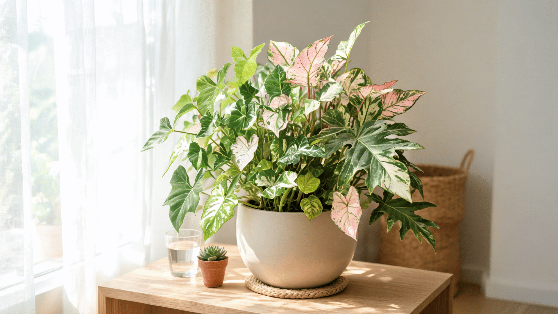 Colorful Syngonium plants with green and pink variegated leaves growing together in a white pot indoors.