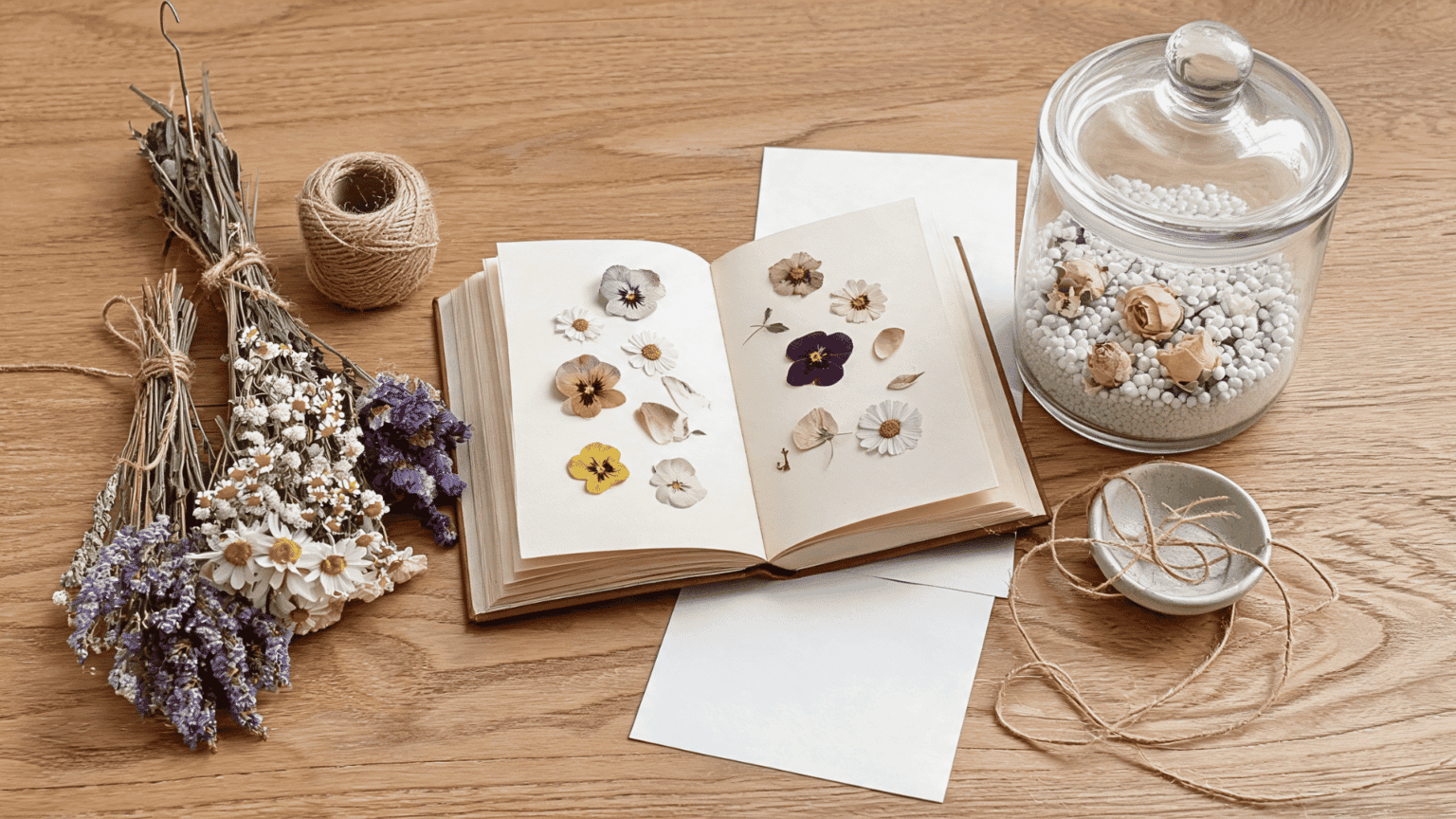 Table with hanging flowers pressed flowers in book and silica gel container drying blooms