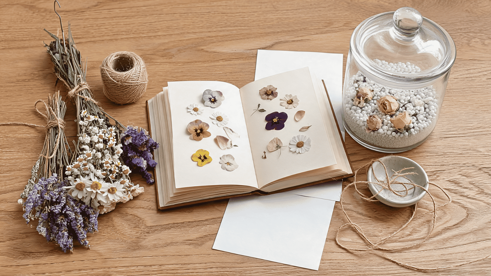 Table with hanging flowers pressed flowers in book and silica gel container drying blooms