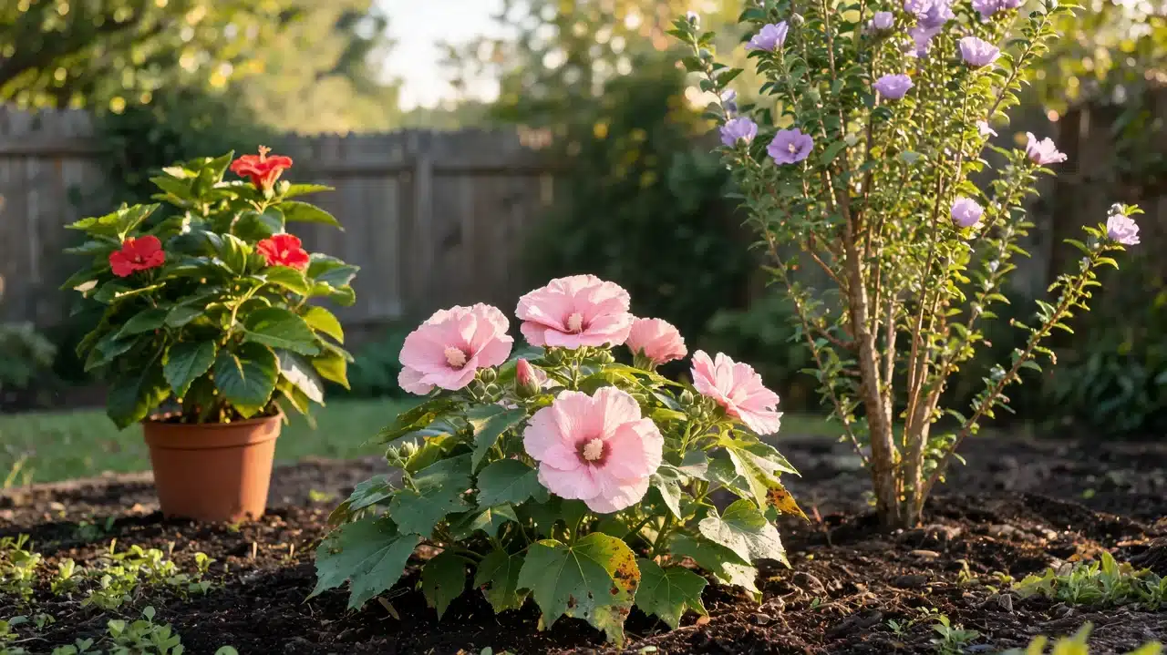A vibrant garden bed featuring multiple varieties of Hibiscus plants with bright red, soft pink, and lavender blooms.