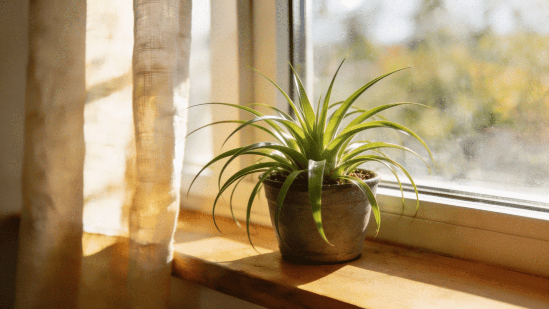 Tillandsia air plant placed near a bright window with soft filtered sunlight indoors.