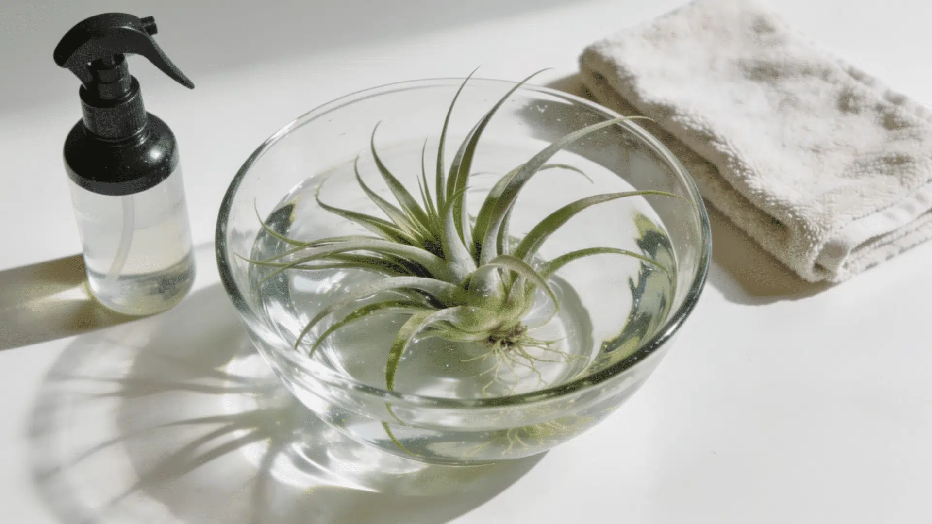 Tillandsia air plant soaking in a glass bowl with spray bottle and towel for watering care.