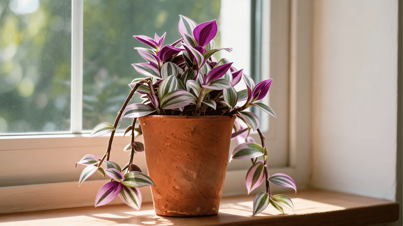 Tradescantia plant in pot with trailing purple and green stems in soft indoor light
