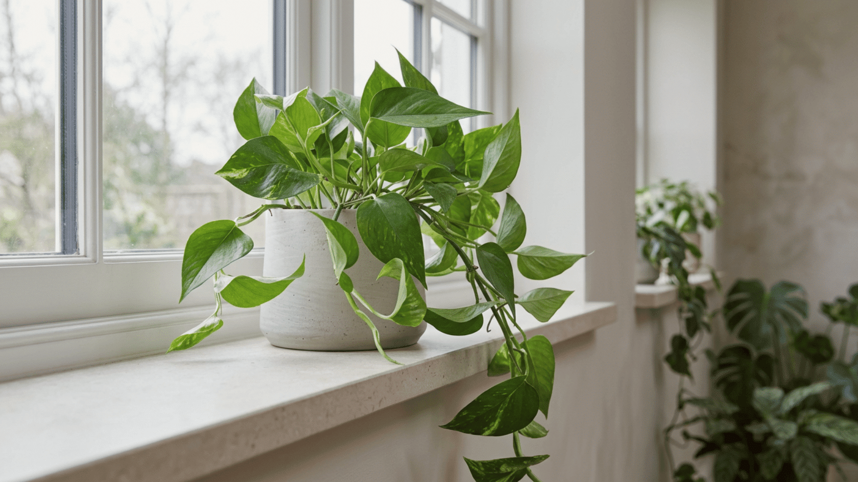 Trailing pothos plant in a pot on a shelf near decor items in soft indoor light