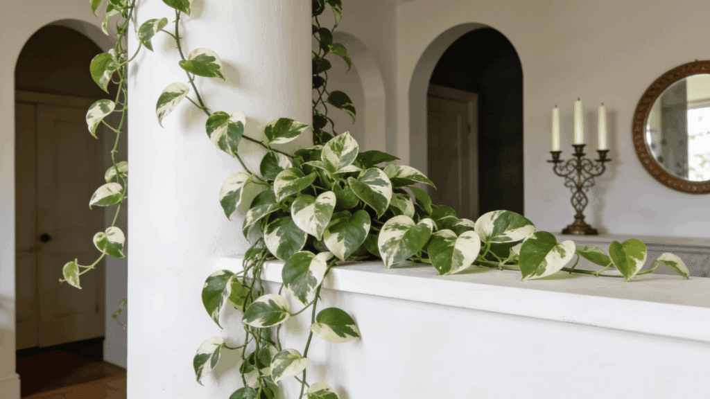 Variegated pothos plant with trailing vines displayed on a white shelf indoors.