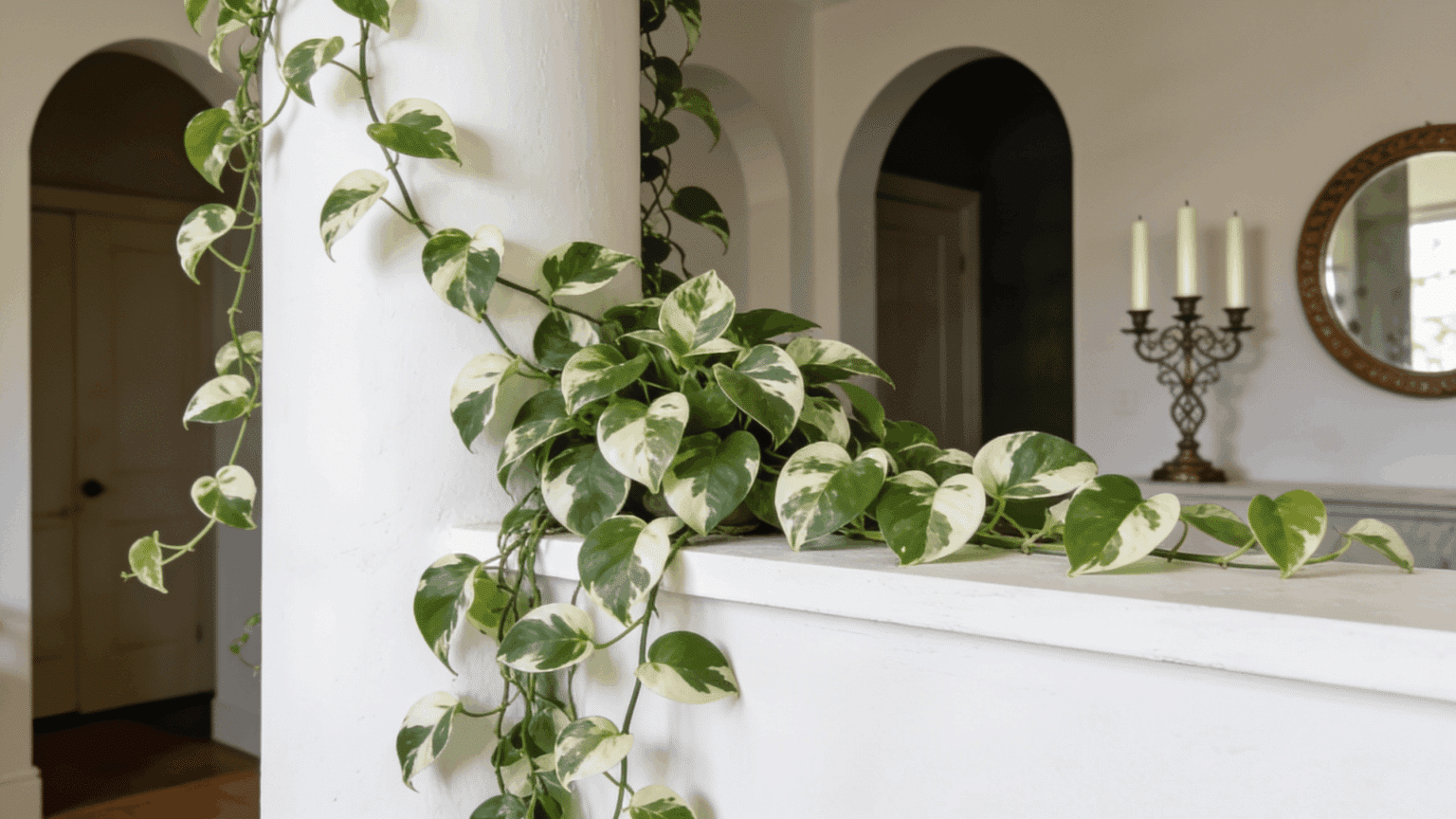 Variegated pothos plant with trailing vines displayed on a white shelf indoors.