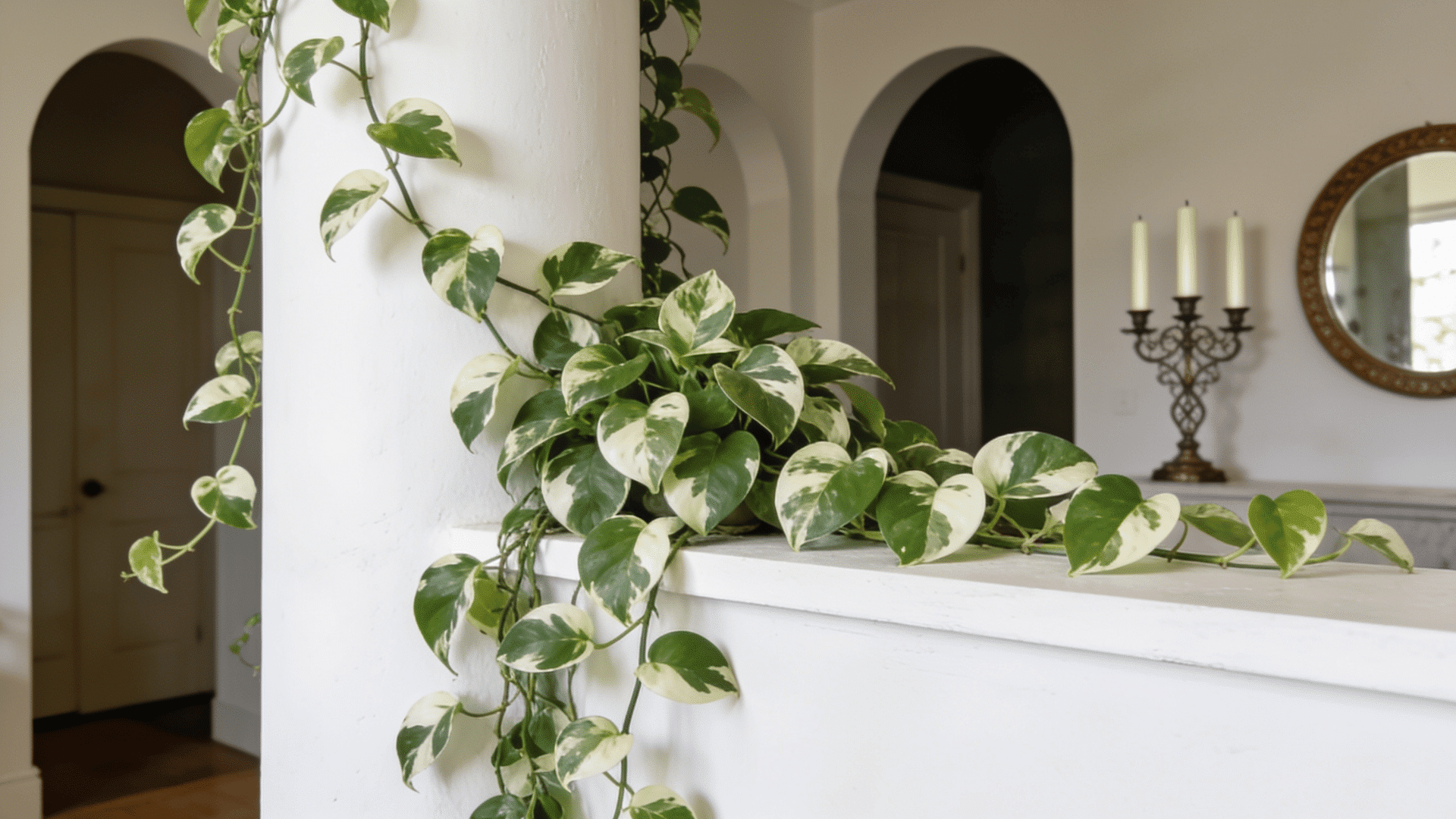 Variegated pothos plant with trailing vines displayed on a white shelf indoors.