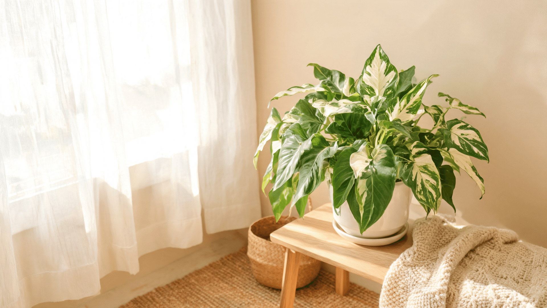 Variegated Syngonium plant in a white pot placed on a wooden table near a bright window.