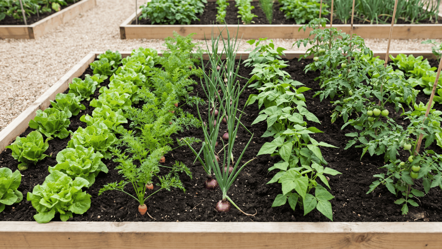 Wooden raised garden bed filled with organized rows of lettuce, carrots, onions, bush beans, and staked tomato plants.