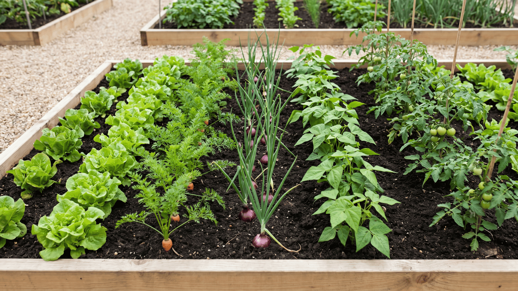 Wooden raised garden bed filled with organized rows of lettuce, carrots, onions, bush beans, and staked tomato plants.
