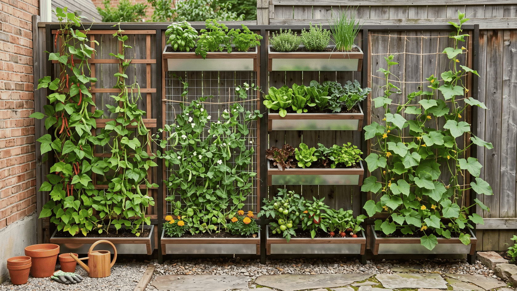 Vertical vegetable garden with climbing vines on trellises and stacked wall planter boxes set against a wooden fence.