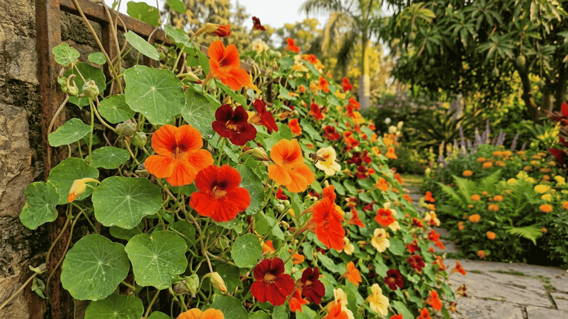 Vibrant orange and red nasturtium flowers growing along a garden wall with green leaves and a lush pathway background.