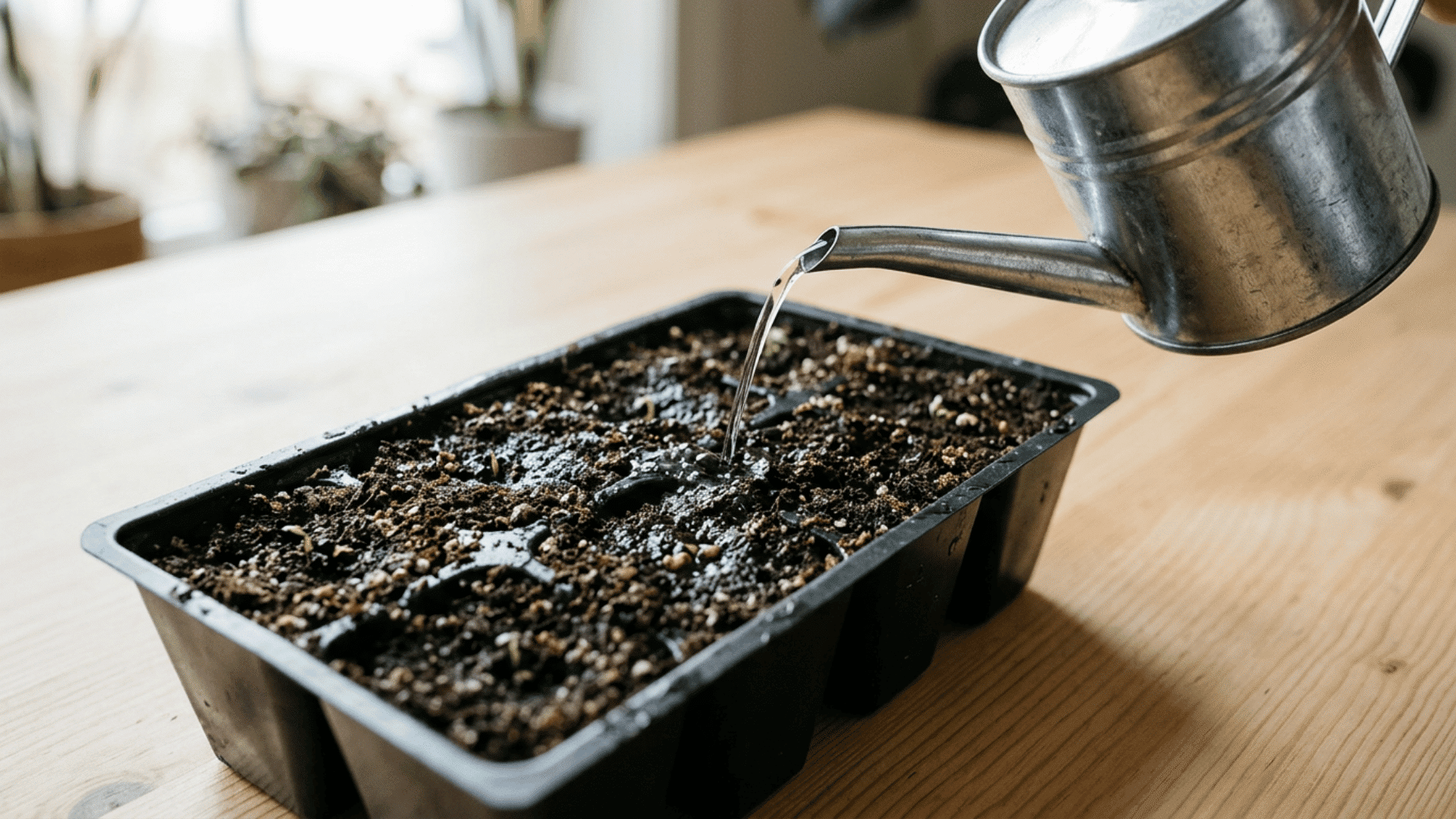 Watering can gently moistening soil in seed tray with evenly damp surface